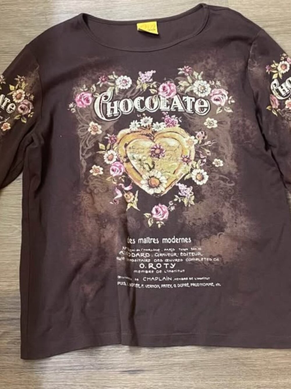 Vintage Y2K Katina Marie Chocolate Graphic Top Rhinestone Floral 3/4 Sleeve Larg